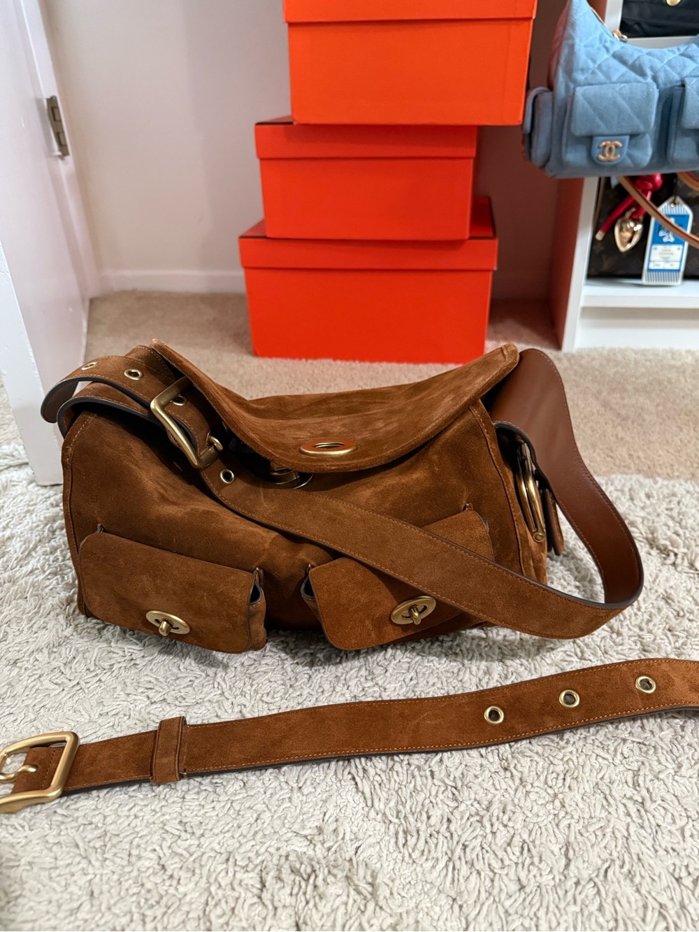 Coach Brown Suede Shoulder Bag with Front Pockets - Picture 6 of 16